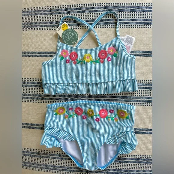 NWT Mini Boden Blue Seersucker Embroidered Frilly Bikini, Size 8-9Y